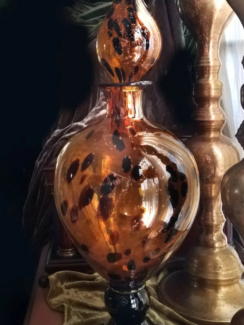 Large Murano Glass Amber Black Oil Spot Decanter Italy Genie Bottle Vase MCM 21